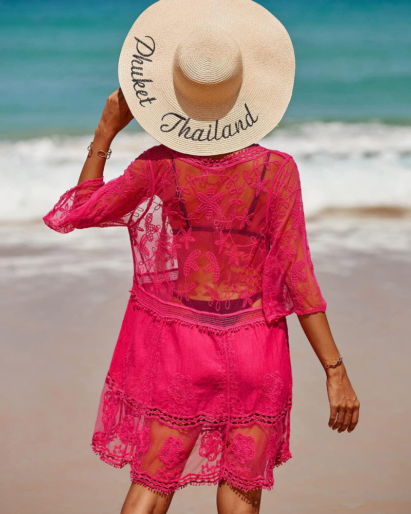 Vestido de playa con cuello de pico y encaje floral