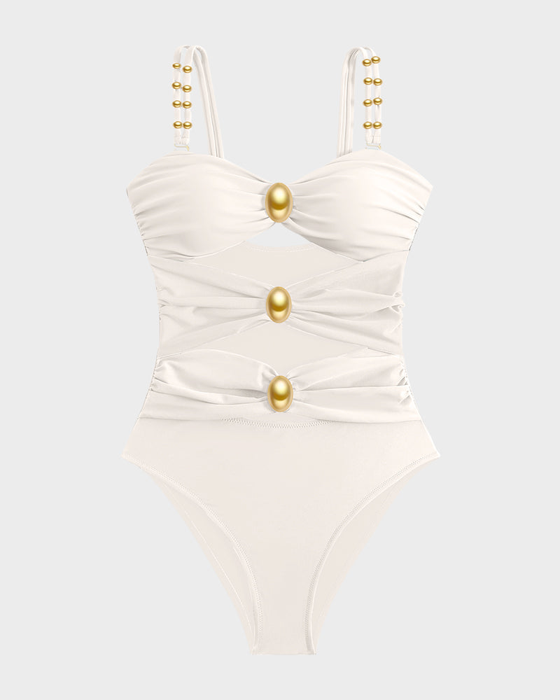 Gold Beads Detailing Cut-Out Ruched One Piece Swimsuit