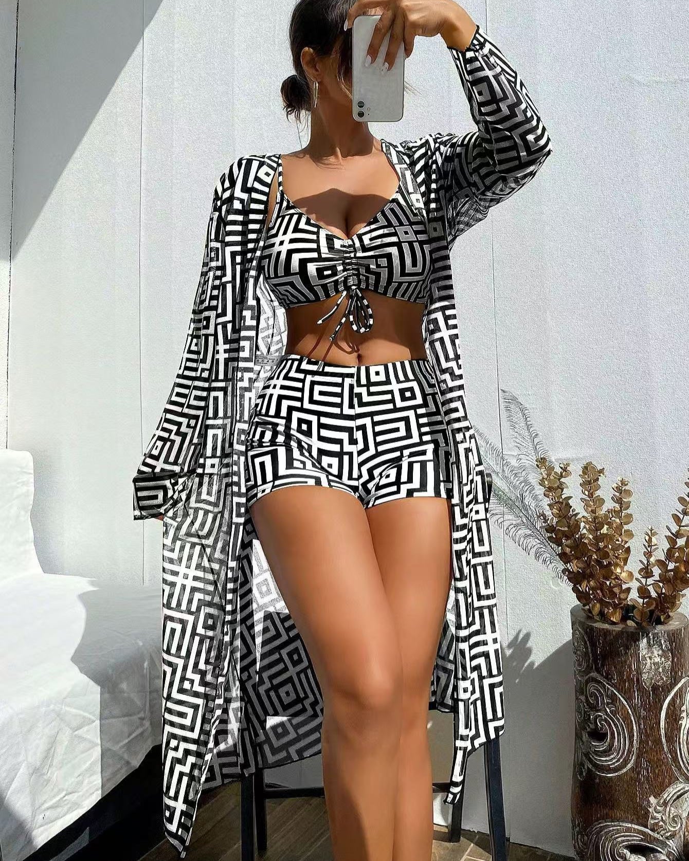 Women's Geometric Print Drawstring Swimsuit Three-Piece Set