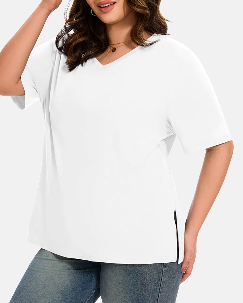Full Size Solid V-Neck Short Sleeve T-Shirt Plus Size