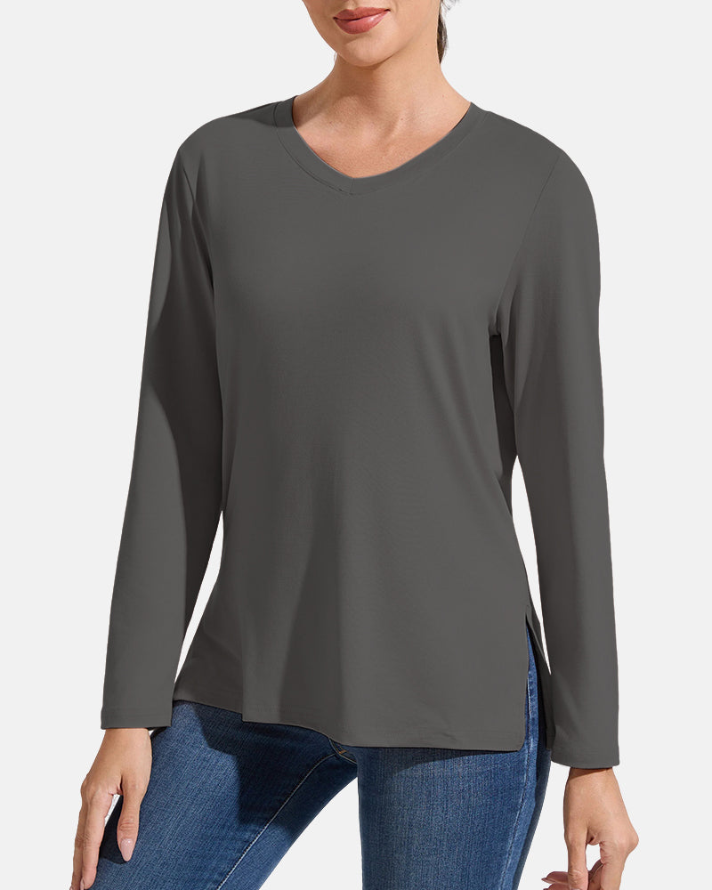 Women’s V-Neck Long Sleeve Casual Top — Loose Fit Basic Tee