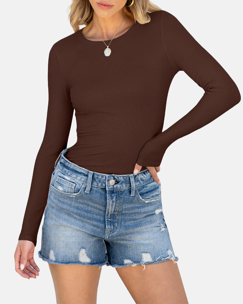 Women Full Length Long Sleeve Rib Knit Slim Fit Tops