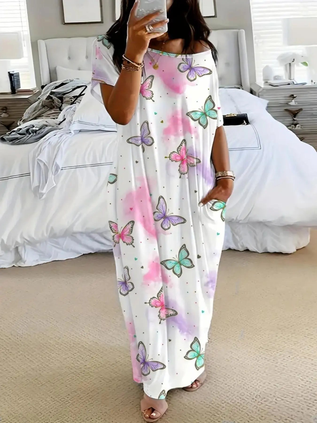 Vestido de mujer extragrande con bolsillo y hombros inclinados