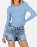 Women Full Length Long Sleeve Rib Knit Slim Fit Tops