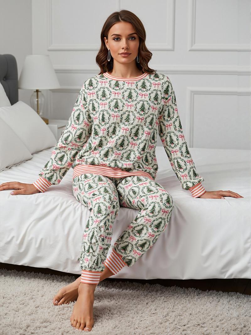 Cozy Christmas Pajama Set — Tree & Bow Print Two-Piece Loungewear