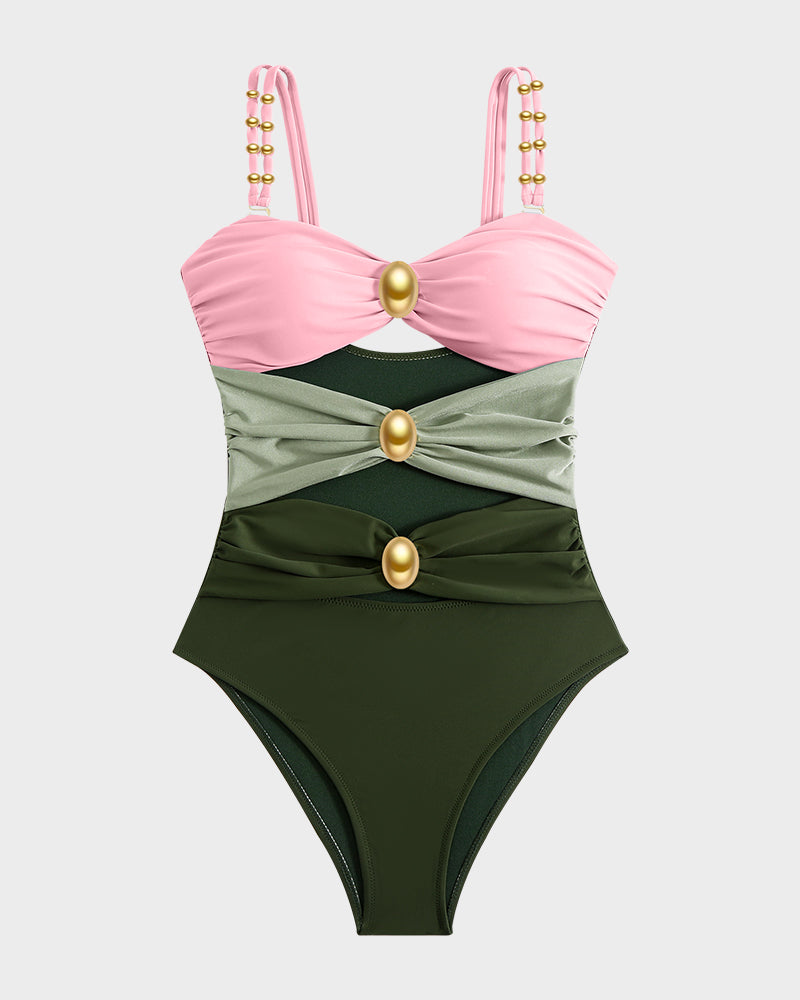 Gold Beads Detailing Cut-Out Ruched One Piece Swimsuit