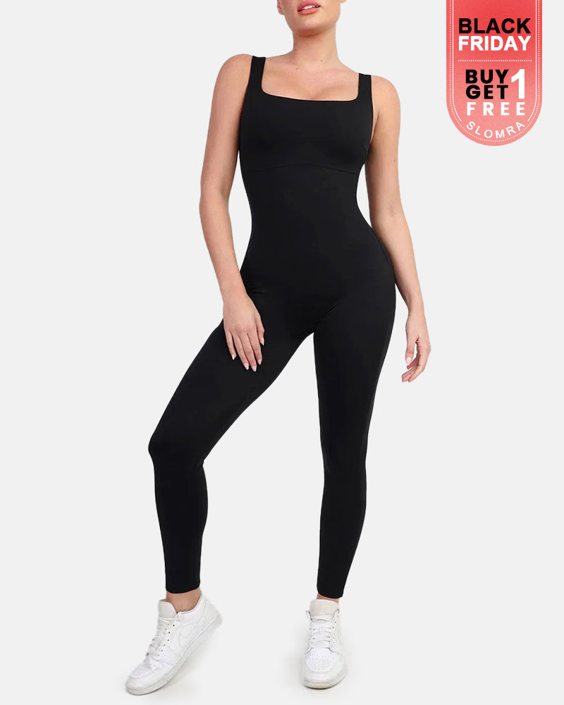 Square Neck Thigh Slimming Workout Jumpsuit