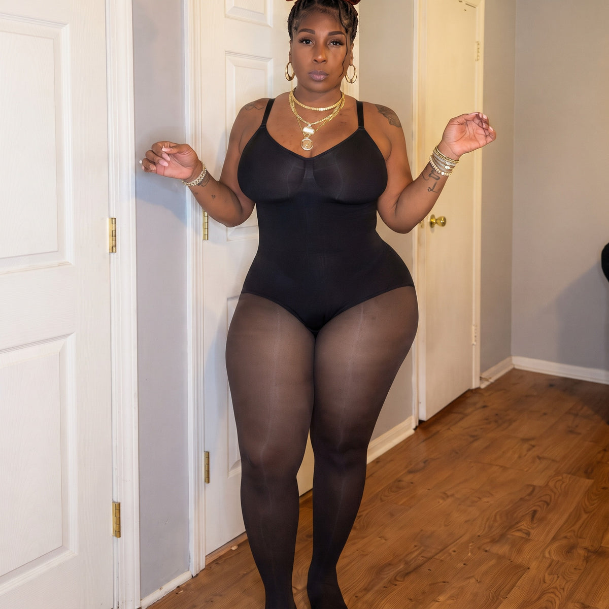 Front view of the shaping bodysuit and tights