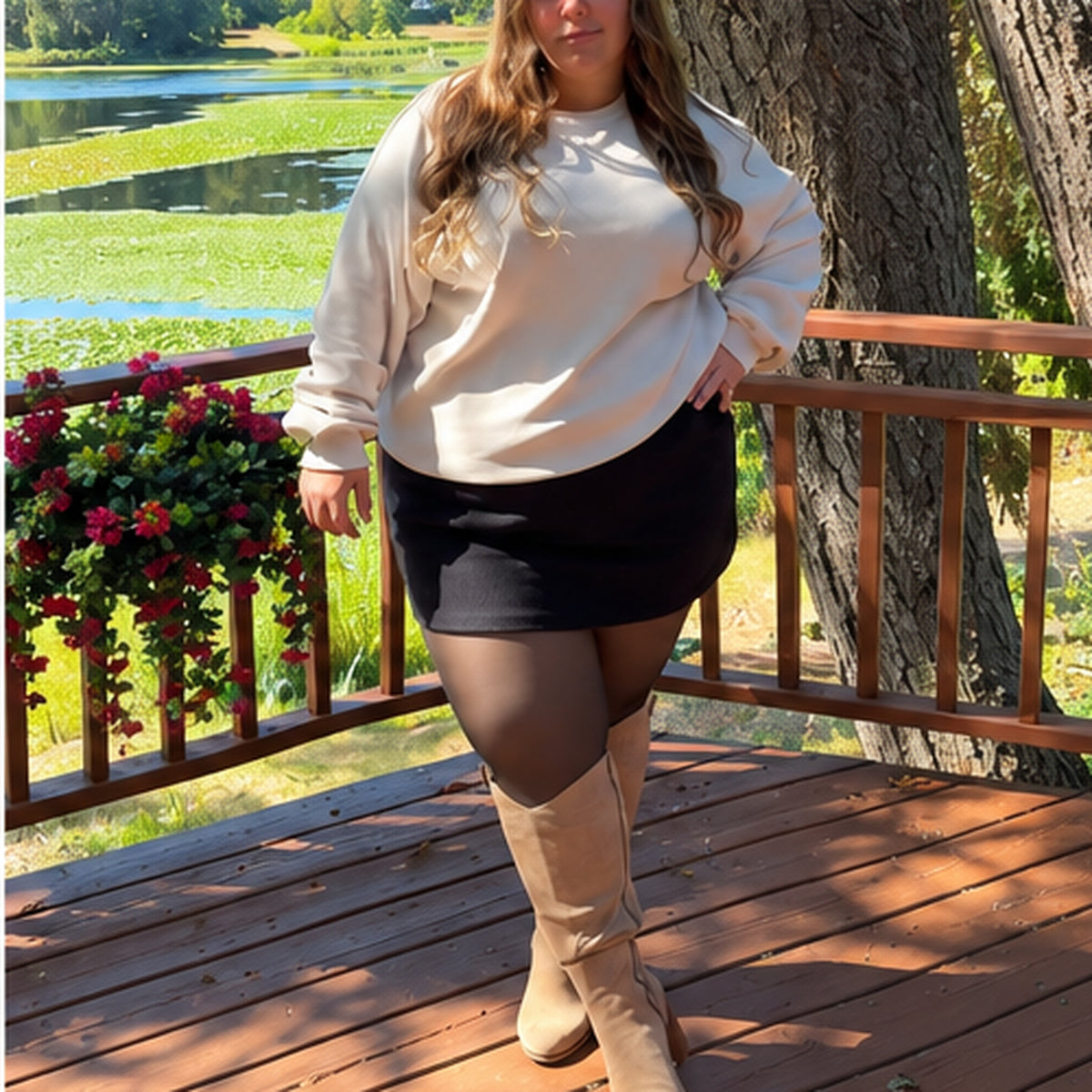 Cream sweatshirt, black skirt and boots