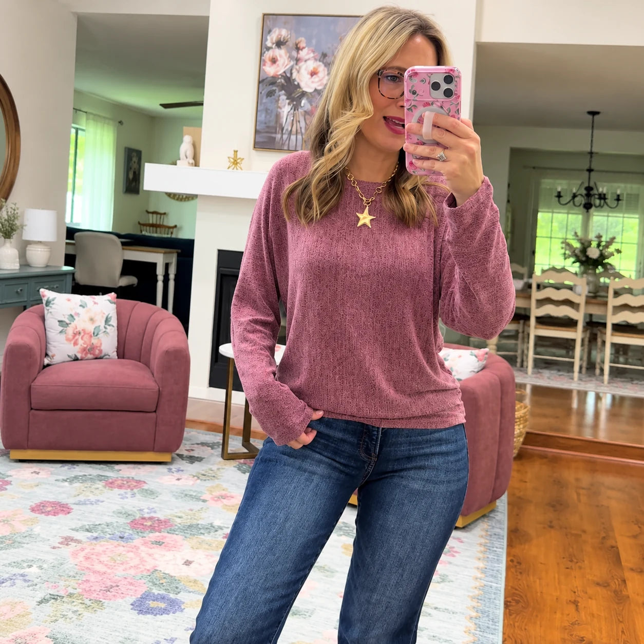 Mauve top styled with dark denim