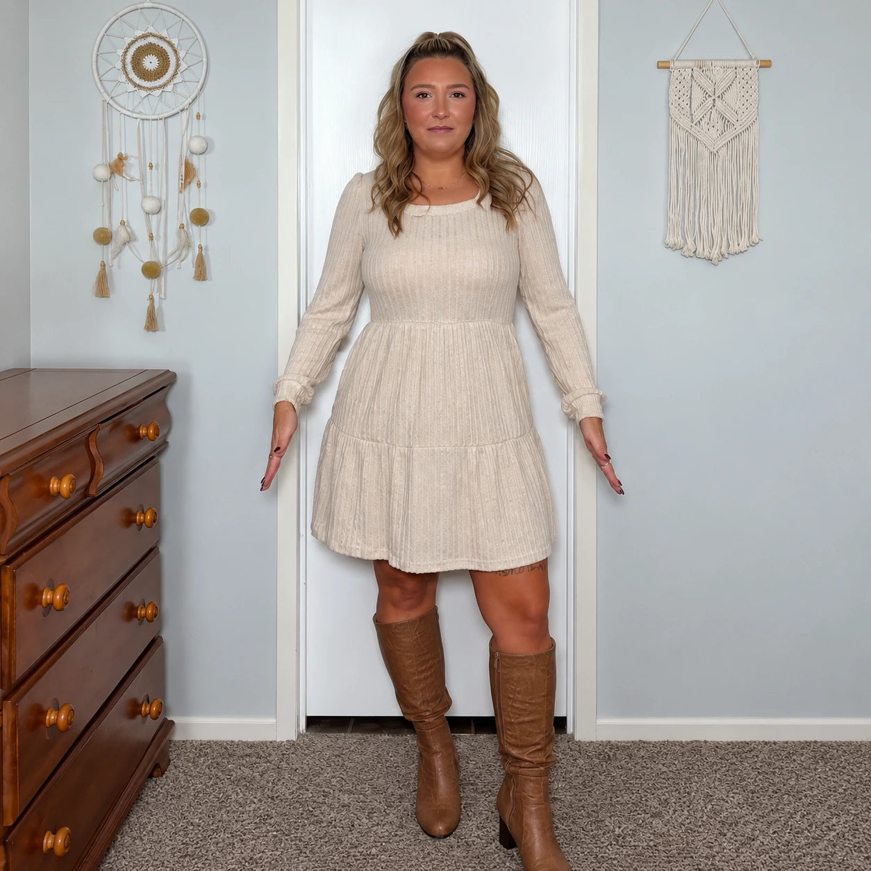 Dusty rose dress showing the waistline and tiered skirt