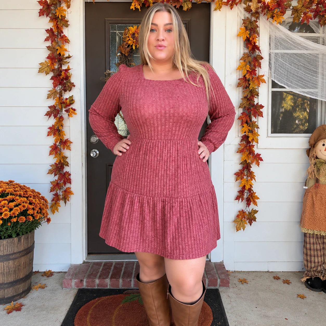 Hot pink square-neck dress with hands in the side pockets