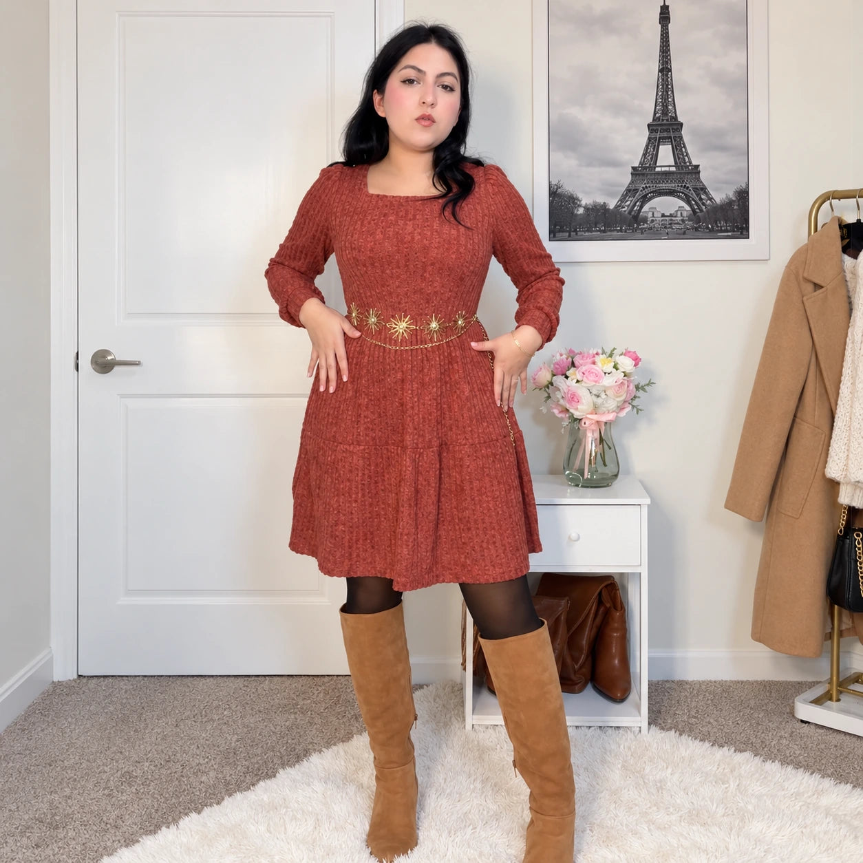 Rust dress styled with a gold belt and tan boots