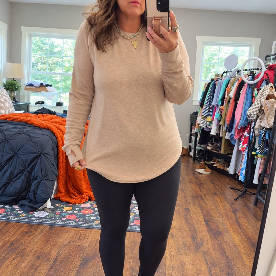 Beige curved-hem tunic in a mirror outfit photo