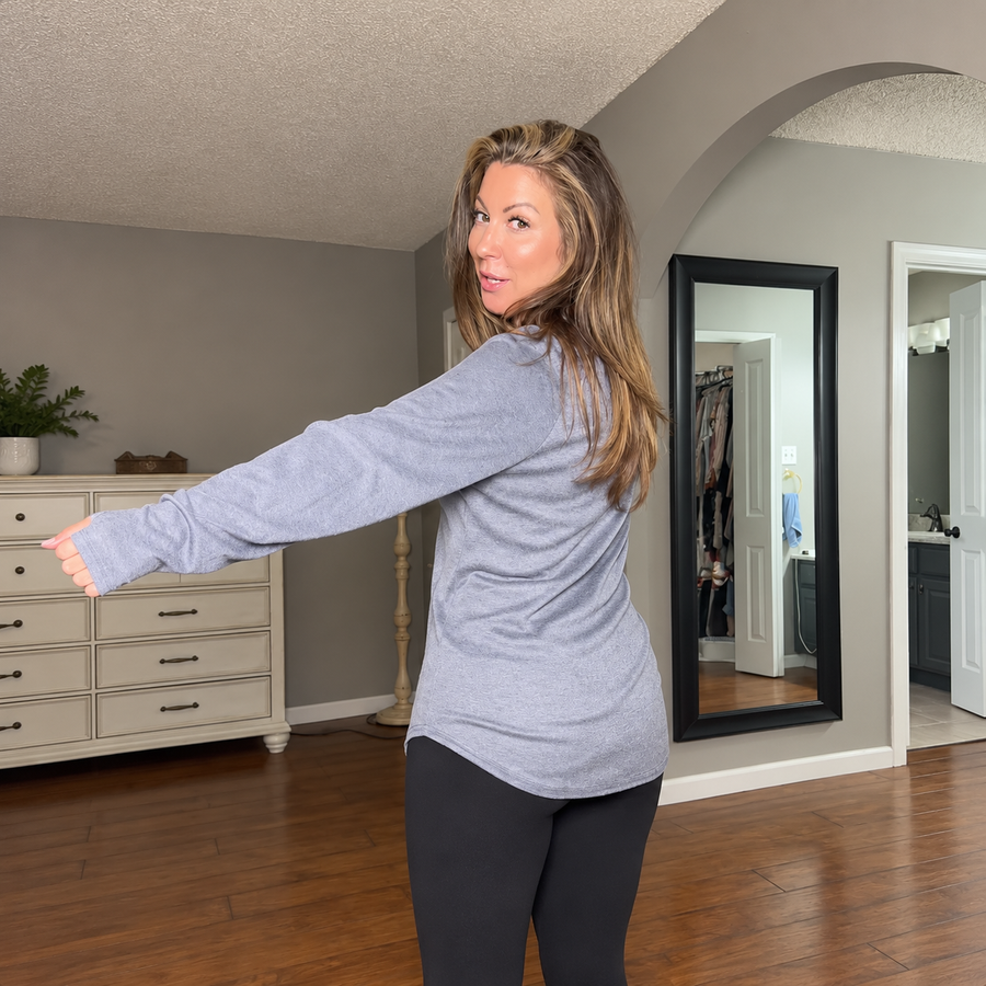 Gray tunic showing side and back coverage