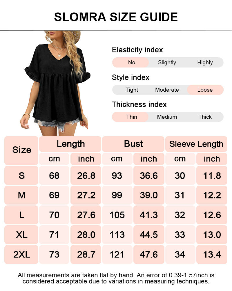 Tops Peplum Babydoll con Cuello en V Casuales y Manga con Volantes