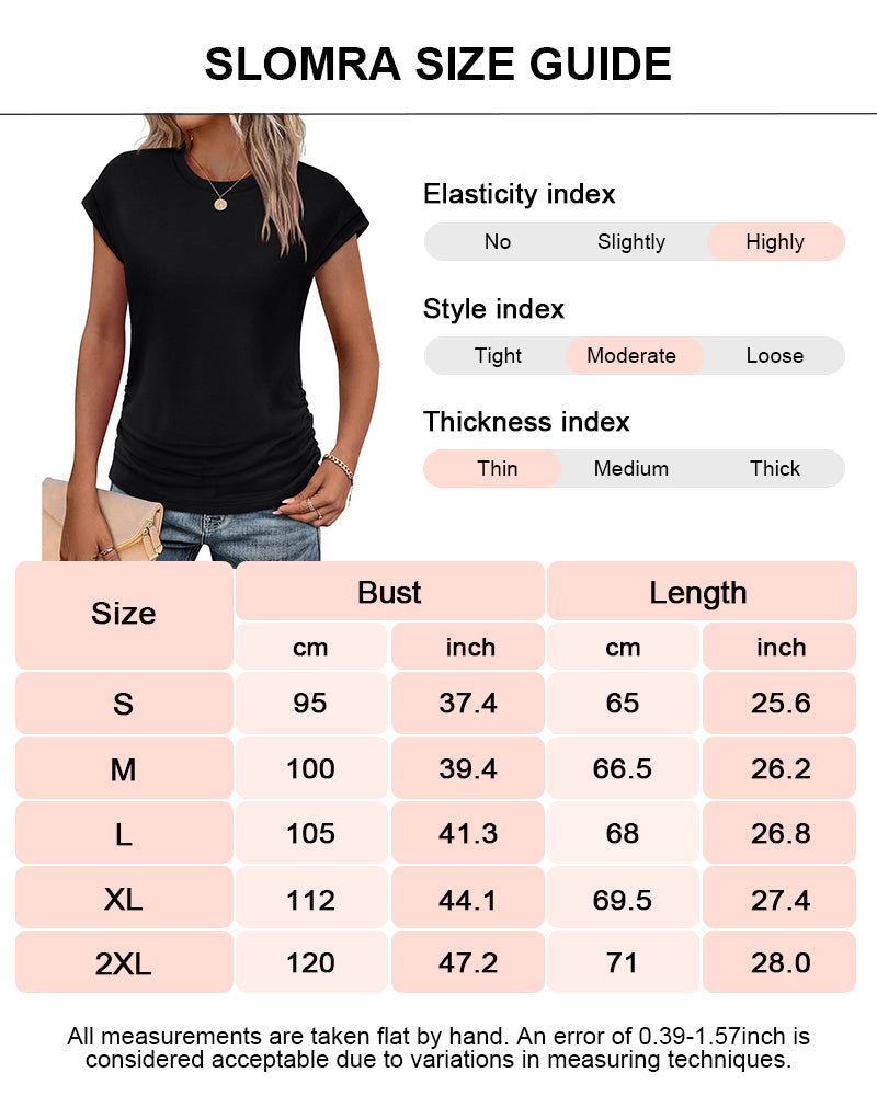Ruched Cap Short Sleeve  Crew Neck T-shirts